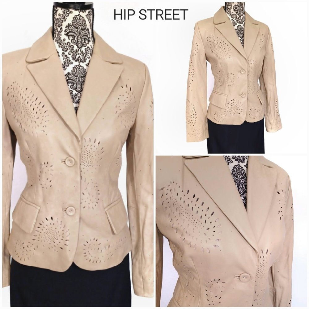 PAMELA MCCOY Paisley Pierced Beige Leather Blazer Jacket XS NWOT